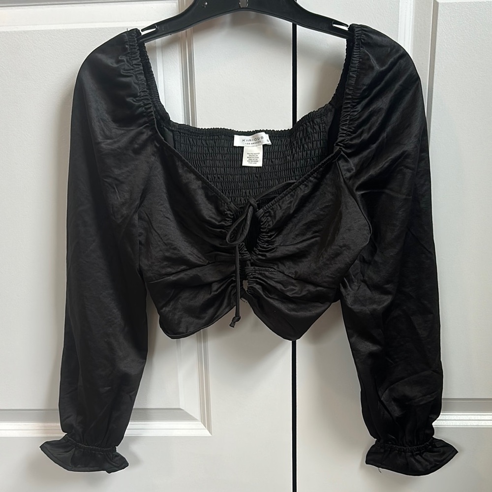 Black Puff Sleeve Ruched Crop Blouse